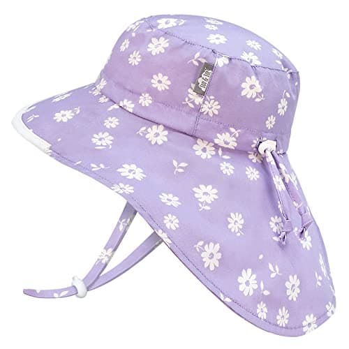 Image of JAN & JUL Wide Brim Cotton Girls Sun-Hat for Toddler (L: 2-5 Years, Purple Daisy)