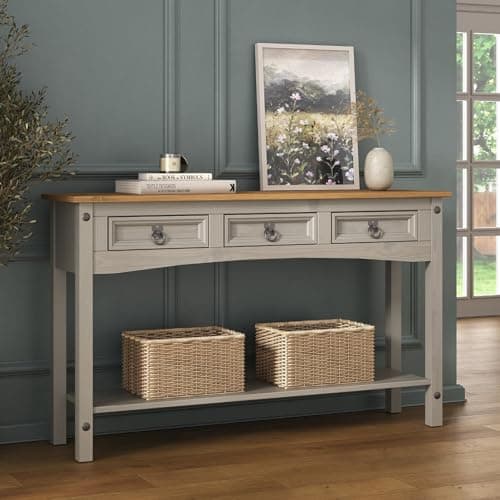 Image of Corona Console Table Grey 3 Drawer Solid Pine Wood