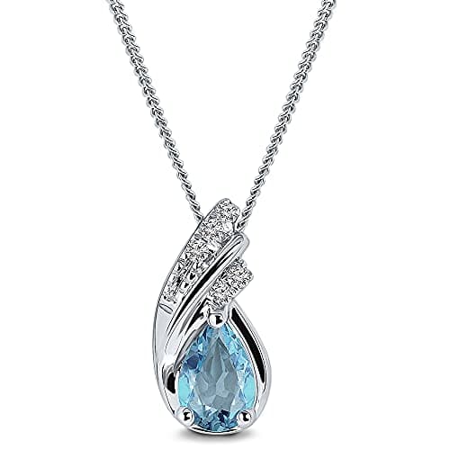 Image of MIORE White Pendant in 9ct 375, Gem Pendant Necklace for Women with 0.55ct Blue Topaz and 0.03ct Brilliant Diamonds, Hypoallergenic Necklace, 45cm Curb Chain in 925 Sterling Silver with Jewellery Box