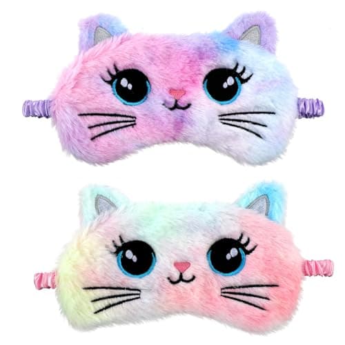 Image of 2 Pack Sleeping Eye Mask Soft Plush Eye Mask Cute Animal Sleeping Eye Shade Night Eyeshade Cover for Girls Boys Travel Nap Party Supplies (Colorful, Cat Style)