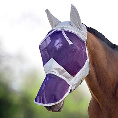 Image of Harrison Howard CareMaster Horse Fly Mask Long Nose with Ears Full Face Silver/Purple Retro Large Full Size