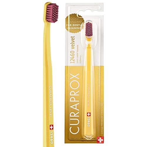 Image of Curaprox CS 12460 Velvet Soft Toothbrush – Sensitive Gum Care | Ultra-Gentle Cleaning with 12,460 Filaments | Single Pack, Yellow-Burgundy | Made in Switzerland