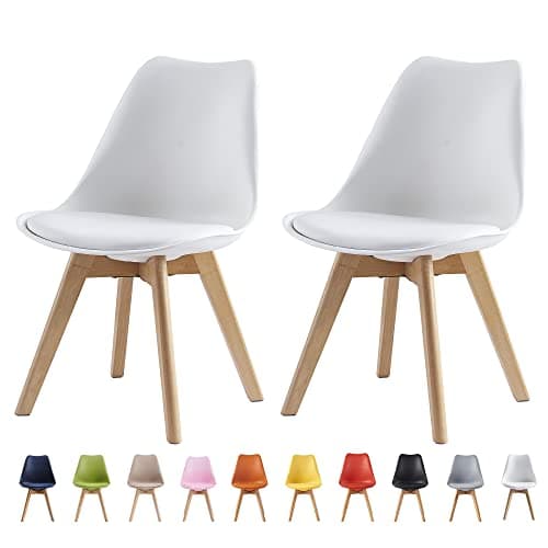 Image of mcc direct Set of 2 Dining Chairs Wooden Legs Soft Cushion Pad Stylish DELUXE Retro Lounge Dining Office EVA (White)