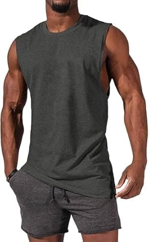 Image of Runcati Men's Sleeveless Tank Tops Crewneck Solid Loose Fit Shirt Dark Grey L