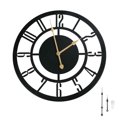 Image of SURPN 40 CM (16") Large Wall Clock for Living Room Decor- Black Metal, Decorative Antique Silent Non Ticking, Battery Operated, for Farmhouse, Dining Room, Bedroom, Kitchen - Arabic Numerals