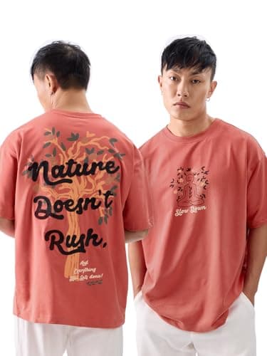 Image of The Souled Store Slow Down Men and Boys Short Sleeve Round Neck Pink Embroidered Cotton Oversized T-Shirts, Pink, XL