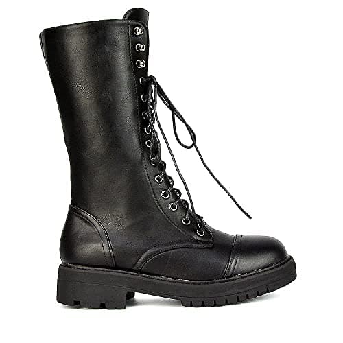 Image of ESSEX GLAM Womens Lace Up Boots Mid Calf Ankle High Ladies Black Synthetic Leather Combat Biker Shoe Booties Size 3-8