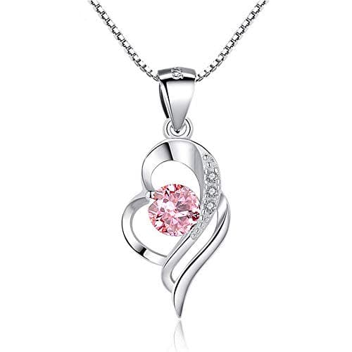 Image of Kamise Silver Necklaces for Women, 925 Sterling Silver Necklace with Pink Zirconia, 45cm Hypoallergenic White Gold Necklace Chain with Heart Teardrop Pendant, Love Jewellery Gift for Mother Girlfriend