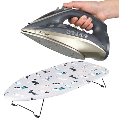 Image of Beldray COMBO-9210 Iron & Ironing Board Set – Titanium 2-in-1 Cordless Steam Iron, Ceramic Soleplate, 140g/min Steam Shot, 230ml, Small Tabletop Ironing Table, Lightweight, 73 x 31 cm, Dog Print Cover