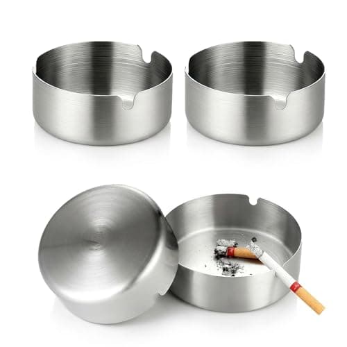 Image of 4 PCS Stainless Steel Ashtray Set, 8cm Diameter Round Ash Trays with 3 grooves for Home, Office, Bars - Indoor & Outdoor Use (Silver)
