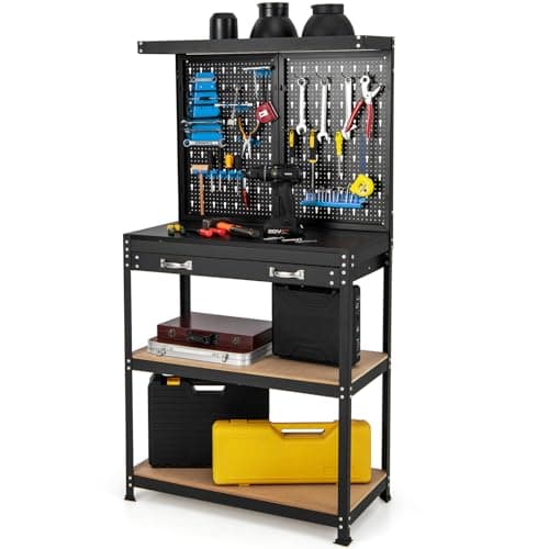 Image of COSTWAY Workbench with Pegboard, Metal Garage Work Bench with 13 Hanging Accessories & Drawer, Heavy Duty Tool Storage Workstation Unit for Workshop Warehouse, 81x41x156cm, 290kg Capacity (Blue+Black)