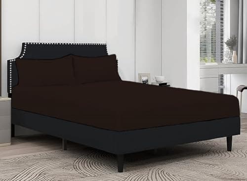 Image of 100% Egyptian Cotton Fitted Sheet 25cm Deep Mattress Pocket 200 Thread Count Soft & Fade Resistant Bottom Fitted Sheet (Chocolate, Super King)