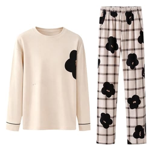 Image of 2 Piece Womens Pyjamas Set Round Neck Ladies Nightwear Long Sleeve Soft Pyjamas for Women Comfy Womens Lounge Set Print Loungewear Sets for Women