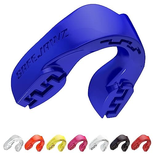 Image of SAFEJAWZ Mouth Guard, Slim Fit Gum Shield for Juniors with Case, Easy Fit Remouldable Gumshield for Rugby, Boxing, MMA, Hockey, Karate & All Contact Sports Mouthguard (Child <11 Years, Blue)