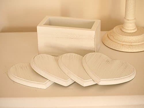 Image of Shabby Chic Style Cream Wooden Coaster Set Hearts Design - in Wooden Coaster Container - Set of 4 Cream Coasters