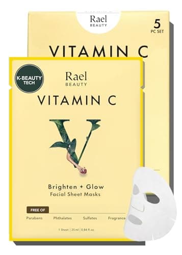 Image of Rael Vitamin C Face Mask - Korean Skincare for Glass Skin, Brightening & Glow, Pomegranate & Citrus Fruit Extracts, Super Soft Bamboo Sheet, Free of Fragrance & PEGs, Vegan, Cruelty Free (5 Sheets)