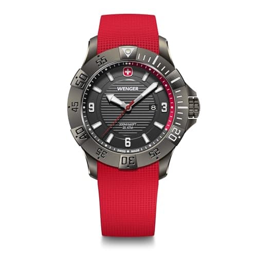 Image of Wenger Men’s Watch Seaforce Ø 43 mm, Swiss Made, Analogue Quartz, Water-Resistant up to 200 m, Silicone Strap, Red/Black, 01.0641.144