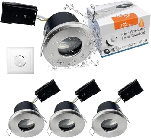 Image of Sweier Fire Rated Downlights for Ceiling IP65 Dimmable 5W 6000K Cool White Recessed Satin Nickel Ceiling Lights for Bathrooms 70mm Hole 220V-240V Pack of 4