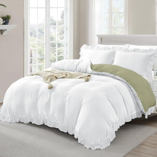 Image of Ruffle Design Duvet Cover Sets Green White Super Soft Microfiber Bedding Set,Zipper Closure and 2 Pillowcases,King Size 220 x 230 cm