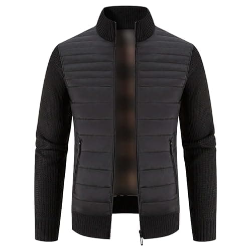 Image of Mens Knitted Cardigan Hybrid Quilted Fleece Funnel Neck Jacket Textured Ribbed Edge Sweaters Stand up Collar Zipper Knitwear Thick Warm Outerwear Jackets for Winter-Autumn Black