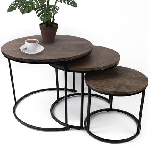 Image of DIVCHI Nest of Tables Set of 3 Round – Modern Nesting Coffee Tables with Wood Look Top & Black Metal Base, Space Saving Side Tables for Living Room, Bedroom & Balcony (Black Beech)
