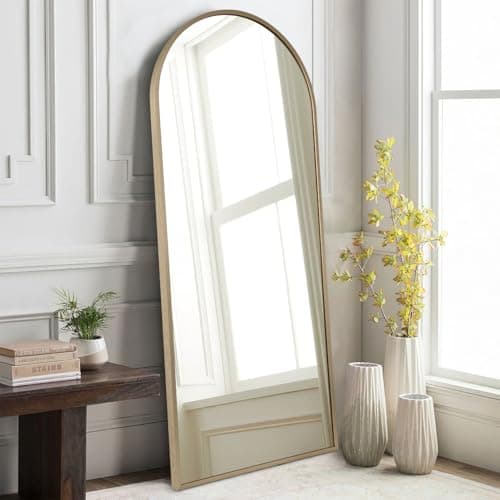 Image of HLFMVWE Wall Mirror Full Length Metal Aluminum Framed Floor Mirror 120x40cm Arched Large Full Body Mirrors for Bathroom Living Room BedroomEntryway Dressing Room Brass