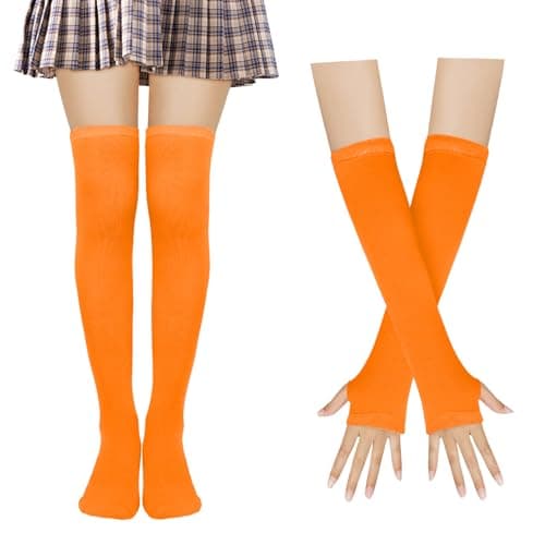 Image of Benefeet Sox Womens Girls Striped Thigh High Socks Over Knee High Socks Leg Arm Warmer Fingerless Gloves Set Tube Costume, Orange, One size