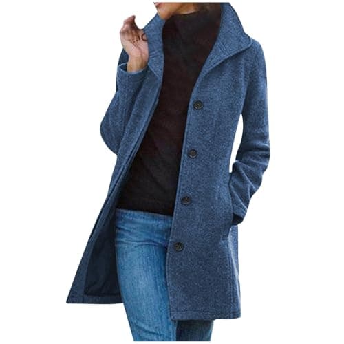 Image of Keepink Womens Pea Coats Winter Elegant Wool Mid Long Trench Coat Long Sleeve Blend Overcoat Plus Size Jackets with Pockets Casual Dressy Lapel Jacket Peacoat Outwear
