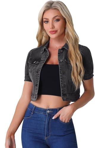 Image of Allegra K Women's Casual Denim Jackets Button-Down Puff Sleeve Jean Crop Jacket Medium Dark Grey