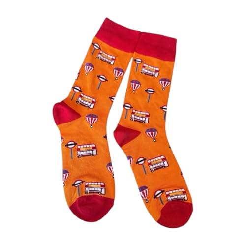 Image of London Souvenir Socks, 2 Pairs, Unisex, British Landmark Design with Tower Bridge, London Eye (UK, Alpha, One Size, Regular, Regular, Bus Bamboo)