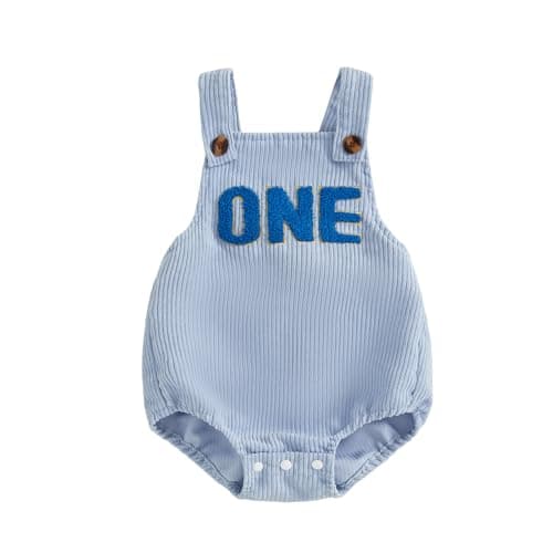 Image of Edhomenn Unisex Baby Boy Girls 1st Birthday Overalls Outfit Sleeveless Square Neck Letter Embroidery Infant Romper Jumpsuit (Blue, 12-18 Months)