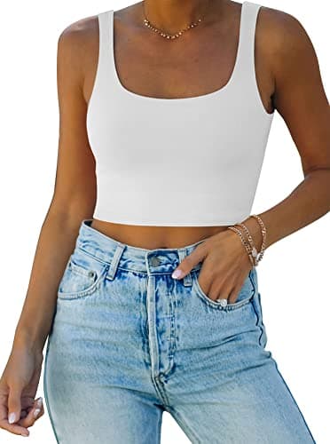 Image of REORIA Women’s Sexy Square Neck Double Lined Seamless Sleeveless Cropped Tank Yoga Crop Tops White M