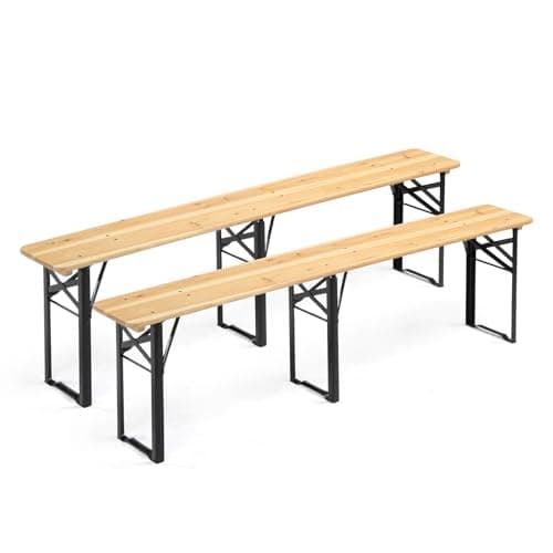 Image of Bonnlo 2PCS Folding Wooden Bench, 177cm Outdoor Garden Picnic Benches for Patio Camping, Portable Fir Wood Seating with Steel Legs for BBQ Party Yard, Natural Wood