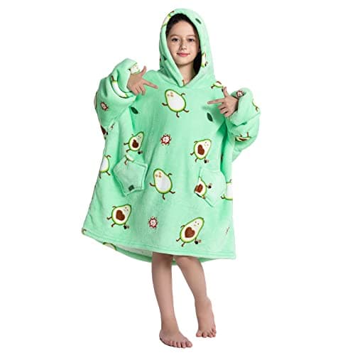 Image of JOREAY Kids Oversized Blanket Hoodie, Girls Boys Snuggle Fleece Wearable Blanket, Sherpa Fluffy Giant Hooded Sweatshirt for Teens Avocados