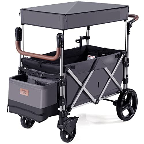 Image of COSTWAY Push Pull Stroller Wagon for 2 Kids, Collapsible Trolley with Adjustable Handle Bar, Removable Canopy, 5-Point Harness and Drapes, Outdoor Camping Cargo Cart (Grey)