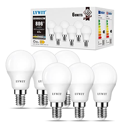 Image of LVWIT E14 Golf Ball LED Light Bulb,6.5W P45/G45 Small Edison Screw Golf Ball Bulbs 60W Equivalent,806Lm,6500K Cool White E14 Golf Bulbs,220-240V,45 * 82MM, Not-Dimmable (6 PCS)