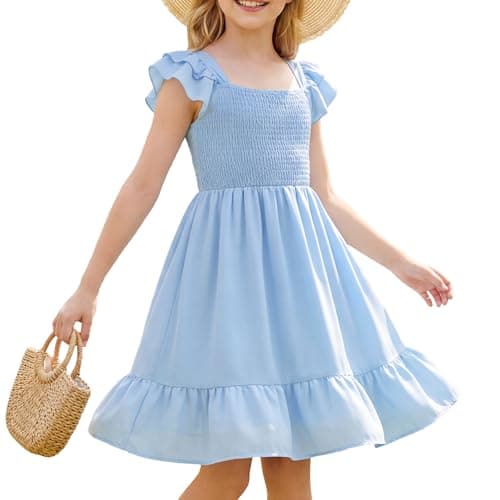 Image of JiAmy Girls Dress Summer Ruffle Short Sleeve A Line Dresses with Pocket Kids Casual Tiered Swing Dress for 11-12 Years Blue