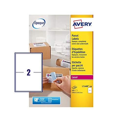 Image of Avery L7168B Printable, Customisable Parcel, Postage, mailing Labels for Laser Printers, 2 Labels Per A4 Sheet, 100 Sheet per Pack, BlockOut