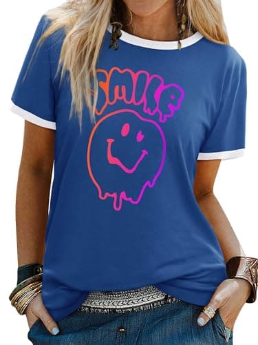 Image of WIEIYM T Shirt Women's Short Sleeve Tops Casual Summer Tee Crew Neck Smile Tshirt Printed with Funny Face Graphic