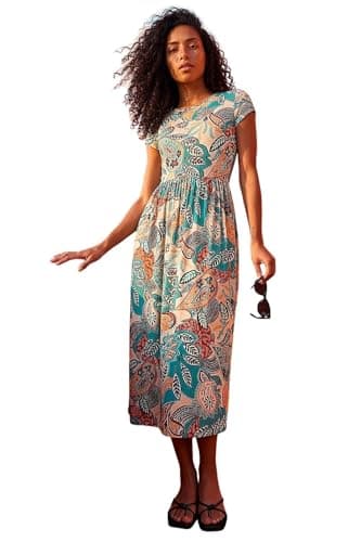 Image of Roman Midi Dress with Pockets for Women UK Ladies Stretchy Jersey Maxi Long Short Sleeve Elasticated Gathered High Waist Boho Flattering Skater Swing Fit Flare - Paisley Light Blue - Size 14