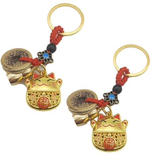 Image of 2pcs Chinese Feng Shui Coins Keychain,Chinese For/tune Coins Charms,Lucky Cat Keychain,Good Luck Charms,Gift for Women,Unique Design,Compact&Portable,Wide Application,Premium Materials,Easy to Carry