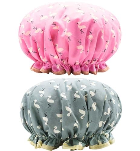 Image of 2 Pcs Bath Caps Elastic Band Double Layers Waterproof Shower Caps With Ruffled Edge Covering Ears Keeping Hair Dry Kitchen Oil-proof Cap for Girls and Women