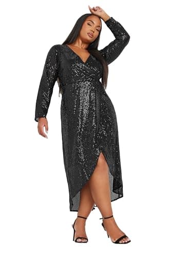 Image of Yours Curve Sequin Embellished Wrap Dress - Women's - Plus Size Curve Black