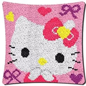 Image of ROCKY&CHAO Hello Kitty 43x43cm Latch Hook Kit for Adults & Kids DIY Cushion Making Craft Kits with Yarn & Canvas and Crochet Needle, Latch Hook Pillow Cover Adult Craft Kits Home Decor for Women