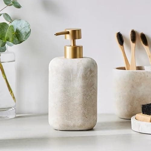Image of New Cream Marble Resin Soap Dispenser – Elegant 290ml Bathroom Accessory with Gold-Coloured Pump, Durable Resin Design M-18 (Soap Dispenser)