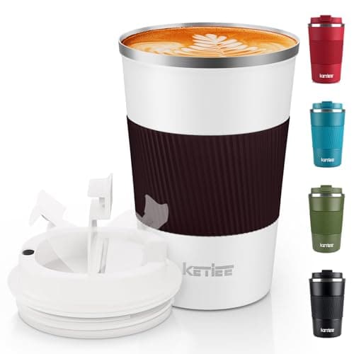 Image of KETIEE Travel Mug 380ml Insulated Coffee Cup With Leakproof Lid - Reusable Double Walled Stainless Steel Thermal Mug for Hot and Cold Drinks, White
