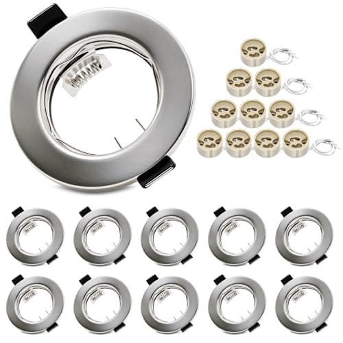 Image of Round Brushed Metal Recessed Ceiling Downlight Frames with GU10 Sockets,55-70mm Cut-Out Hole Size,Compatible with LED&Halogen Bulbs,Mounting Frame for Spotlight Fixtures (Bulbs Excluded) - 10 Pack
