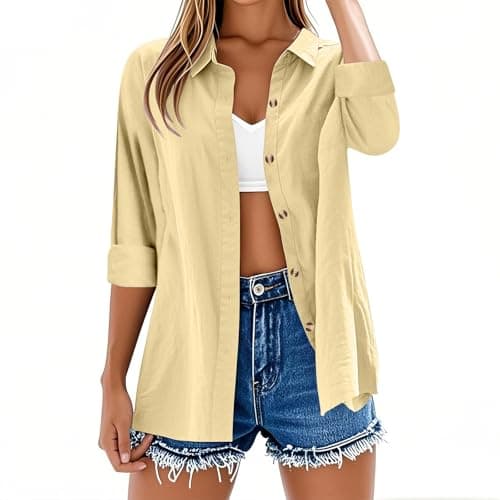 Image of Womens Tops Long Sleeve Casual Button Down Cotton Linen Shirts Solid Color Summer Tshirts V Neck Roll Up Collared Loose Oversized Tees Lightweight Dressy Blouses Office Work Ladies Tunic Tops Yellow