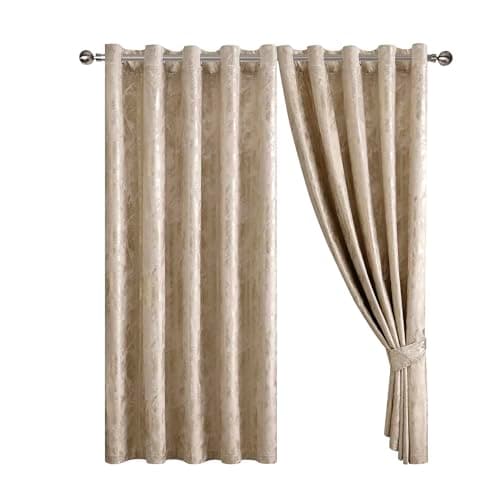 Image of Abstract Metallic Marbled Velvet Curtain Pair - Heavyweight with Foil Print - Room Darkening Eyelet - Fully Lined for Thermal Insulation - Includes Two Tiebacks (Beige, 66" x 72" (167 x 183 cm))