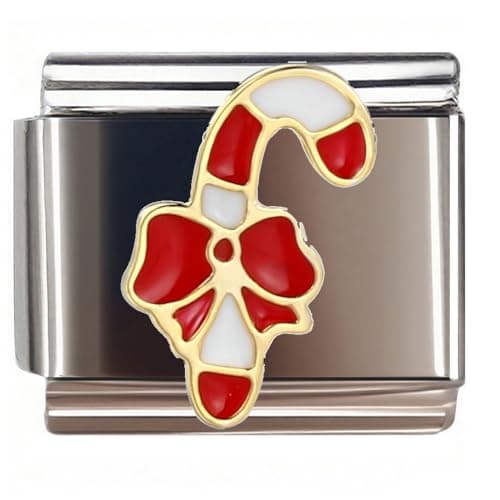 Image of NOOFNO Italian Bracelet Charm,9mm,Red Bow Candy Cane,Holiday > Christmas